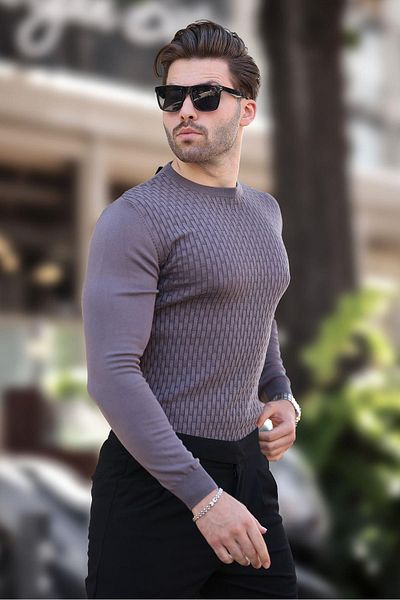 Madmext Men's Knitwear Sweater - Dark Gray Patterned, Model 7266