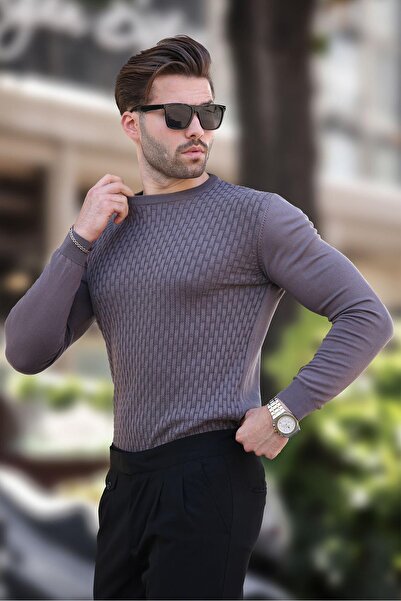 Madmext Koyu Gri Desenli Erkek Triko Kazak 7266