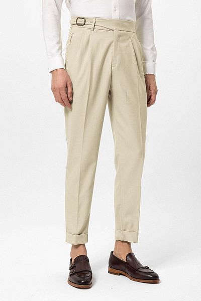 Antioch Light Beige High Waist Pleated Buckle Detailed Men's Trousers
