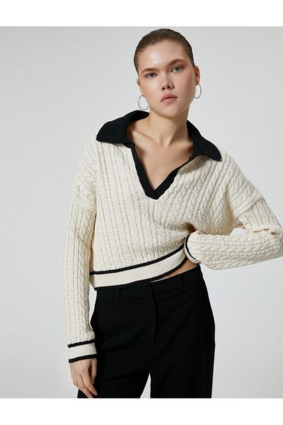 Koton Polo Collar Knitwear Sweater Color Contrast Knit Patterned