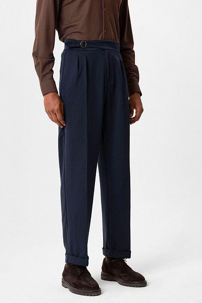 Antioch Dark Navy Blue Buckle Detailed Pleated High Waist Men's Trousers