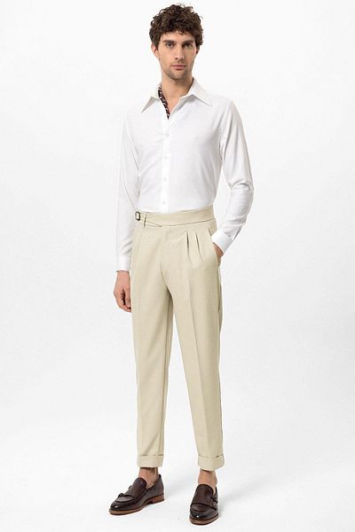 Antioch Light Beige High Waist Pleated Buckle Detailed Men's Trousers