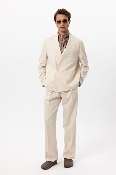 Antioch Ecru Linen Blended Double Breasted Buttoned Men's Blazer Jacket