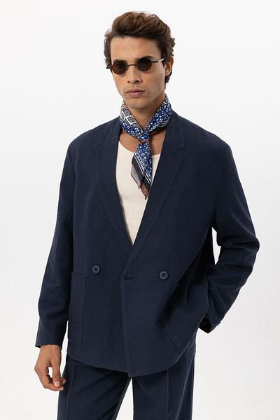 Antioch Navy Blue Linen Blended Double Breasted Buttoned Men's Blazer Jacket