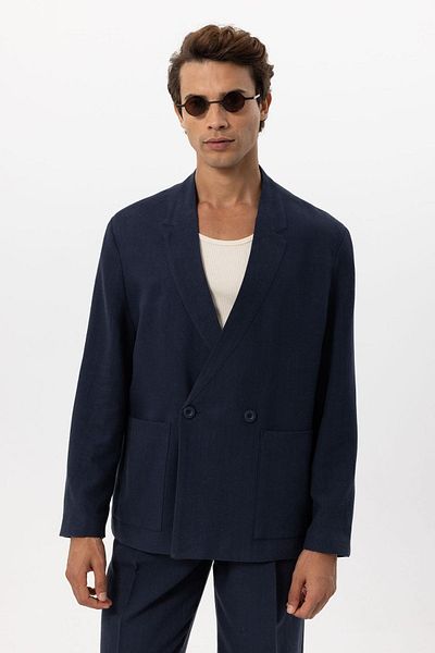 Antioch Navy Blue Linen Blended Double Breasted Buttoned Men's Blazer Jacket