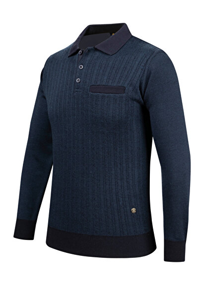 Çizgi Triko Чоловічий поло з коміром-стійкою, смугастий трикотажний светр - з візерунком на рукавах і еластичною талією, класичний крій, сталеве плетіння - 5005FA