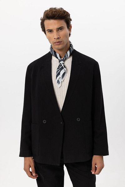Antioch Black Linen Blended Double Breasted Buttoned Men's Blazer Jacket