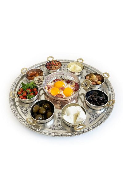Shark Anatolia Breakfast Presentation Set with Tray, Copper Sahan 16 cm Thick Base 8 Pieces Copper Bowl with Handles