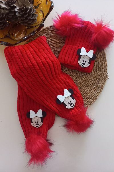 MARS BABY Girls Boys Unisex Baby Kids White Mickey Minnie Red Pompom Scarf Beanie Set