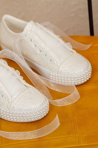 Miss Mitto Women's White Flat Heeled Flat Sole Pearl Stone Sports Evening Dress Wedding Dress Shoes