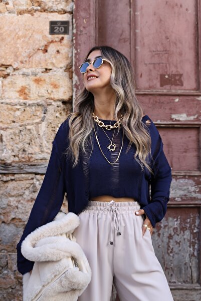 bytugcekaya Pulover cu model diamant albastru bleumarin ajurat