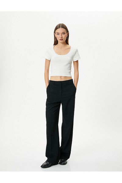 Koton U-Neck Basic Crop T-Shirt Ribbed Lace Detailed Short Sleeve Cotton