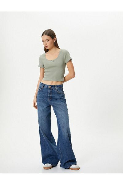 Koton U-Ausschnitt Basic Crop T-Shirt Gerippte Spitze Detail Kurzarm Baumwolle