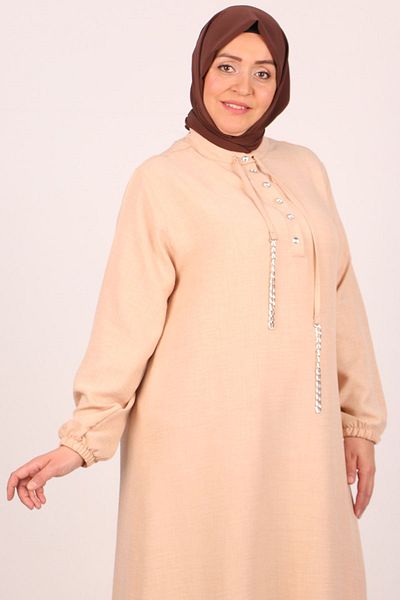 Eslina 42010 Plus Size Beige Linen Dress - Airobin Buttoned