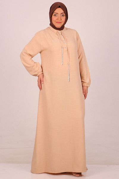 Eslina 42010 Plus Size Beige Linen Dress - Airobin Buttoned