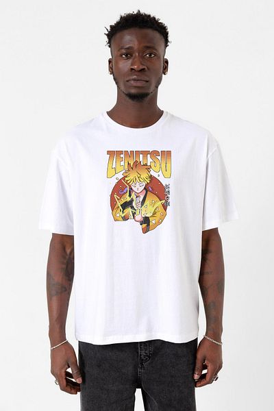 Tshirthane Demon Slayer Anime Zenitsu Αφίσα Λευκό ανδρικό μπλουζάκι μεγάλου μεγέθους