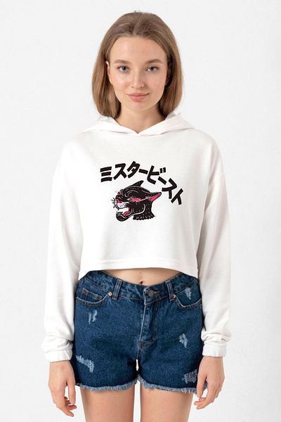 Tshirthane Mr Beast Kanji Ecru Women's Crop Hoodie
