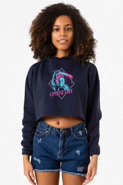 Tshirthane Friday The 13th Crystal Lake Navy Blue Women's Crop Hoodie
