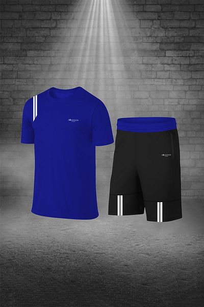 POSEIDON STORM Set tricou și pantaloni scurți pentru bărbați, albastru Dri-fit Sportsman - buzunare, fără imprimeu, decolteu
