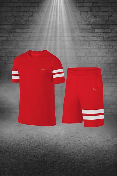 POSEIDON STORM تي شيرت رجالي مقاس كبير من قماش Dri-fit باللون الأحمر غير المطبوع برقبة دائرية وأكمام قصيرة، مجموعة سراويل قصيرة من الأسفل (