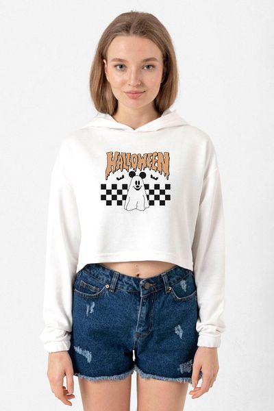 Tshirthane تصميم الهالوين النسائي ذو القلنسوة من Mickey Ghost Ecru