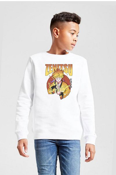 Tshirthane Demon Slayer Anime Zenitsu Αφίσα Λευκό Παιδικό Φούτερ 2ip