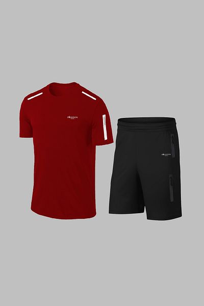 POSEIDON STORM Мъжки комплект с къси панталони и кръгло деколте Oversize, бордо, Dri-Fit, без принт, размер 4XL-1