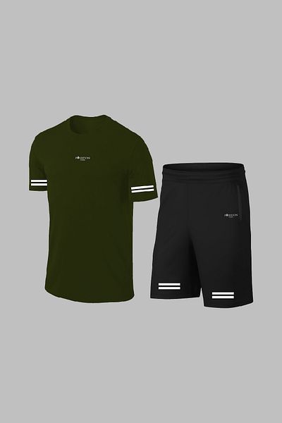 POSEIDON STORM Ανδρικό αθλητικό κοστούμι Khaki Dri-Fit - Over Size, Στρογγυλή λαιμόκοψη, κοντομάνικο μπλουζάκι και σορτς
