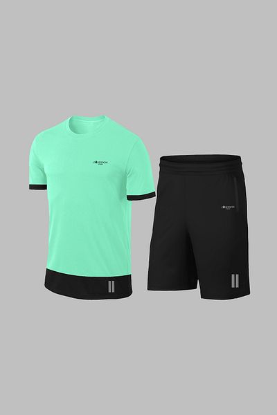 POSEIDON STORM Over Size Ανδρικό Water Green Dri-fit ύφασμα με τσέπες Crew Neck Athlete Casual T-Shirt Σορτς Διπλό Σετ