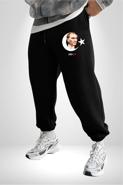 Angemiel Ataturk Turkish Flag Patterned - 3 Thread Black Men's Sweatpants