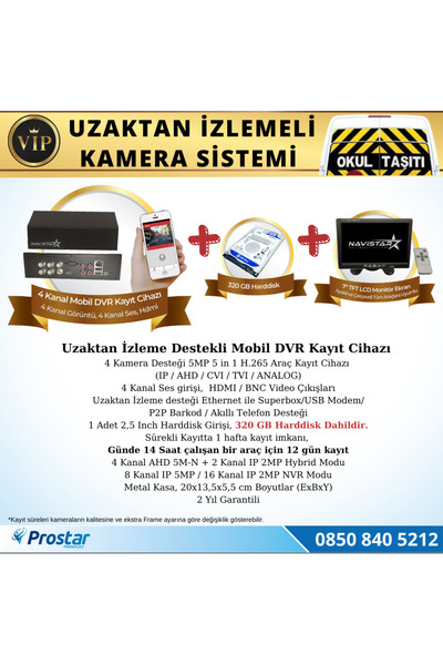 Navistar Profesyonel Servis Araç Kamera Seti 4 Kameralı Kayıtlı 320 Gb Harddiskli Tak Kullan Set
