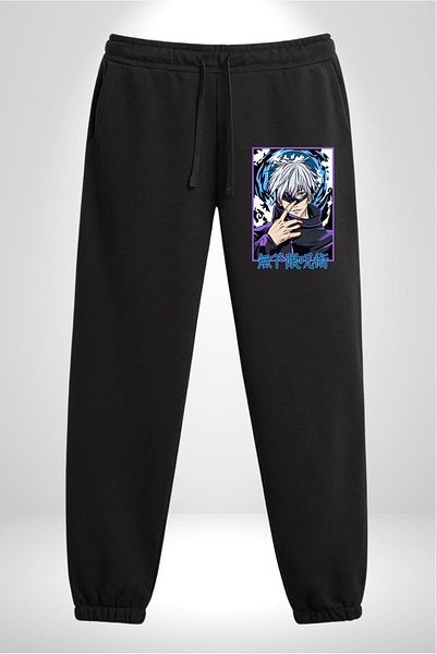 Angemiel Jujutsu Vintage Washed 3 Thread - Megumi Gojo Anime Printed Men's Black Sweatpants