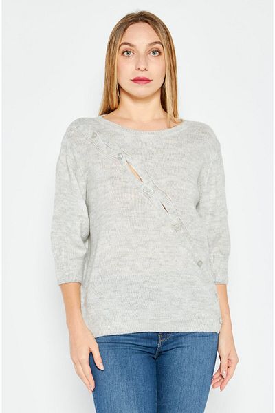 Etam Women Round Neck Elbow Sleeves Knitted Top, Grey