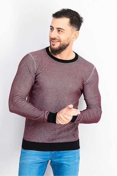 Trussardi Jeans Men Crew Neck Long Sleeves Textured Sweater, Maroon Combo