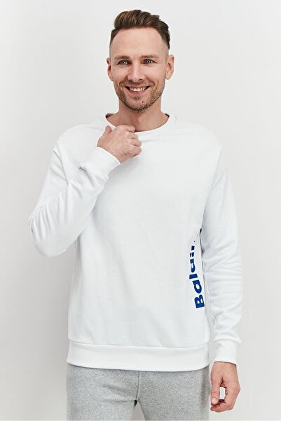 Baldinini سويت شيرت رجالي بياقة دائرية وأكمام بشعار العلامة التجارية، أبيض