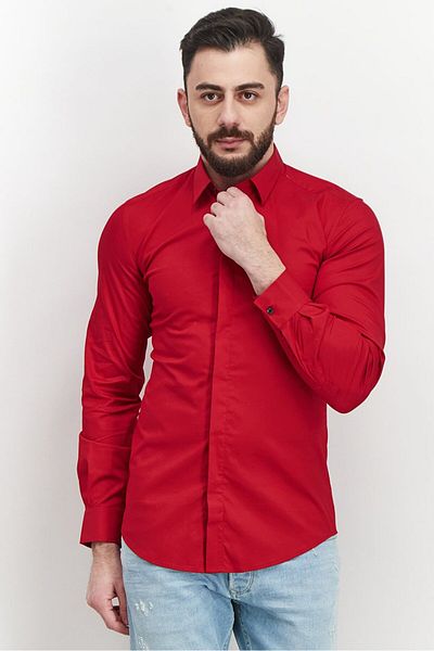 Antony Morato Men Slim Fit Solid Long Sleeves Casual Shirt, Chili Pepper