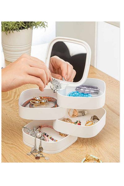 KAMELYA DESİGN Mirrored 4 Tier Square Jewelry and Makeup Organizer - White