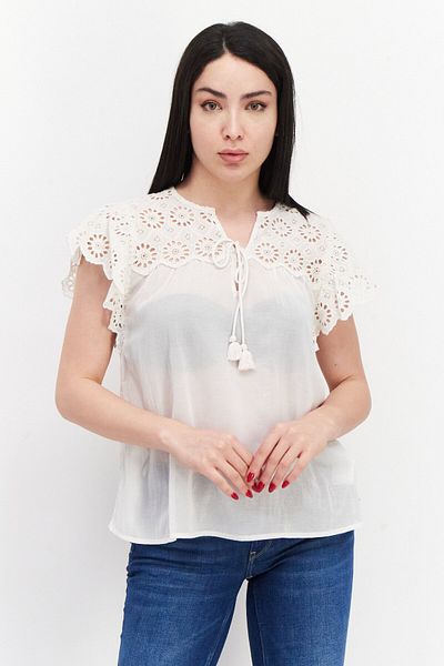Pepe Jeans Women V-neck Sleeveless Embroidered Blouse, Off White
