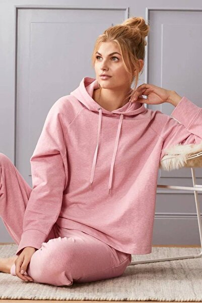 Tchibo سويت شيرت نسائي سادة بأكمام طويلة وغطاء رأس، وردي