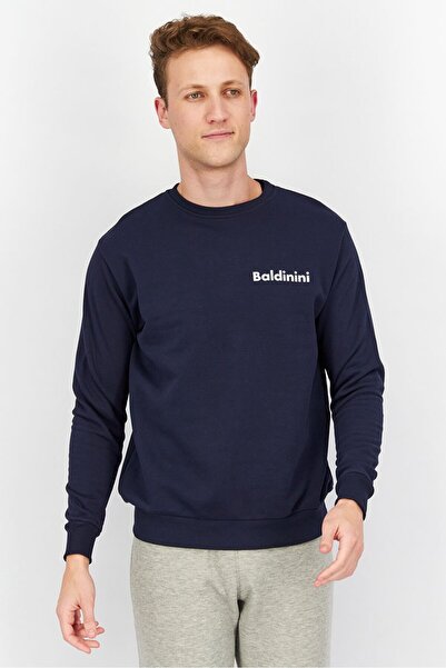 Baldinini Men Round Neck Brand Logo Long Sleeve Sweatshirt, Navy and White