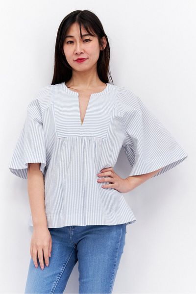 Esprit Women Split Neck Short Sleeve Striped Blouse, Blue