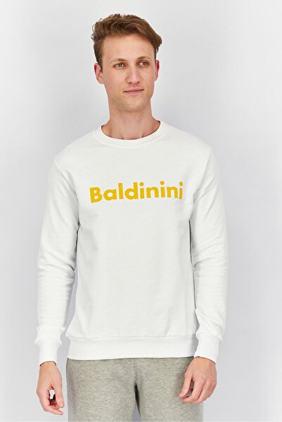 Baldinini سويت شيرت رجالي بأكمام طويلة وياقة دائرية وشعار العلامة التجارية، أبيض