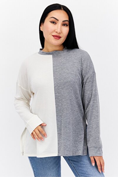 Refinery29 بلوزة نسائية ذات رقبة دائرية وأكمام طويلة وألوان متعددة، رمادية