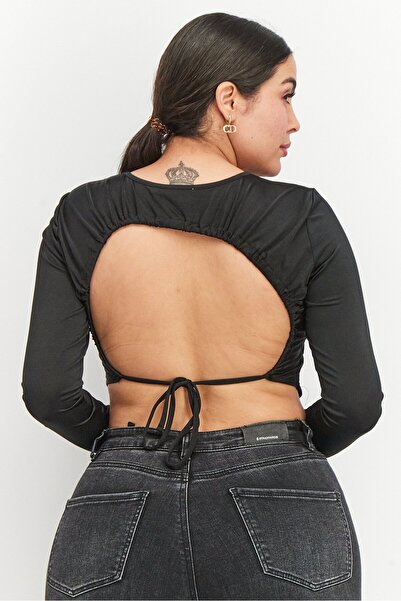 NA-KD Women Crew Neck Long Sleeve Solid Tops, Black