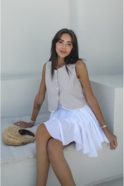 Havoş Beige Gingham Vest - Lace Detailed