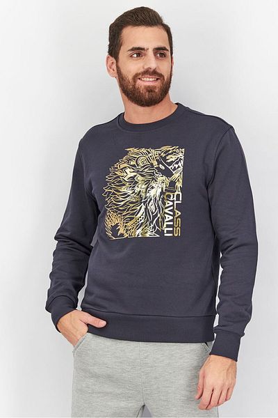 Cavalli Class Men Round Neck Graphic Print Sweatshirt, Navy Blue