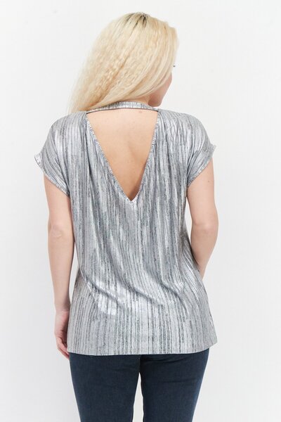 Esprit Women V-Neck Short Sleeve Textured Top, Sliver