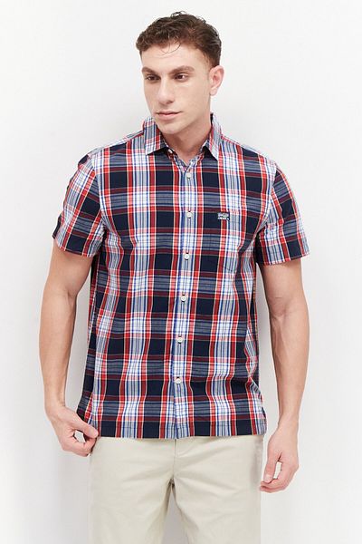 Perry Ellis Men Regular Fit Plaid Short Sleeve Casual Shirt, Blue