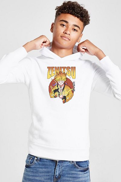 Tshirthane Demon Slayer Anime Zenitsu Αφίσα Λευκό Παιδικό Φούτερ με κουκούλα 3 ιπποδρόμων