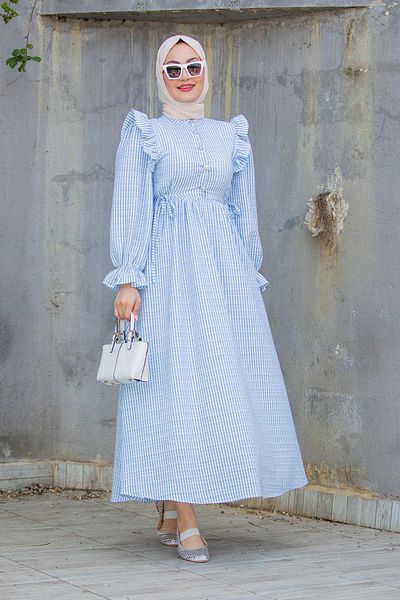 Tesettür Çarşım Seersucker Fabric Dress - Pitta and Ruffle Detail, Baby Blue